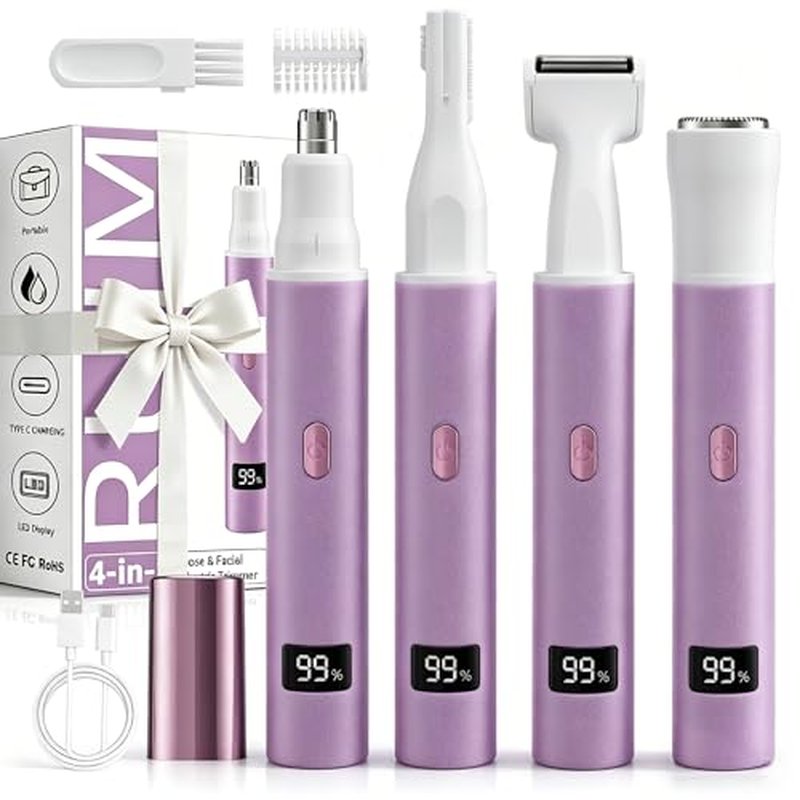RUIM Electric Nose Hair Trimmer for Women, 4-in-1 Painless Facial Grooming Kit with Eyebrow Trimmer, Nose & Ear Trimmer, Facial Shaver - USB-C Rechargeable, Waterproof, LED Display
