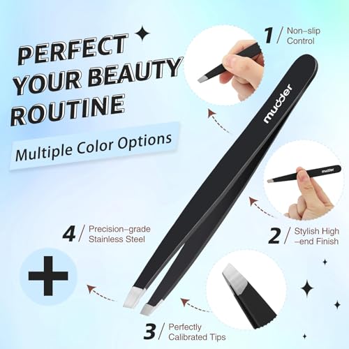 Mudder 12 Pcs Eyebrow Tweezers Set for Facial Hair Stainless Steel Slanted Tip Tweezers in Bulk for Men and Women(Black)