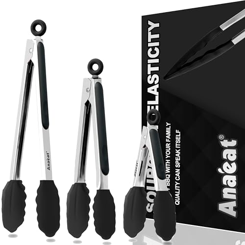 Anaeat Non-Stick Silicone Kitchen Tongs Set of 3 - 7", 9", 12" - Heat Resistant to 480°F