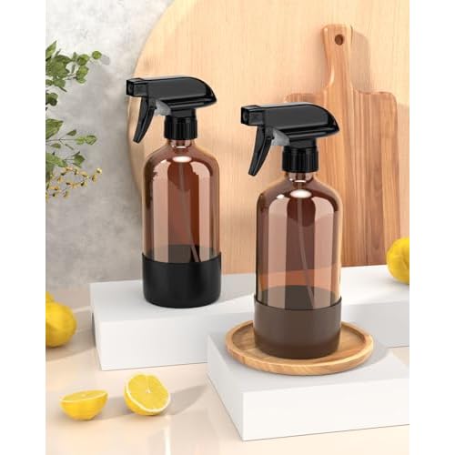 Bontip Glass Spray Bottle with Silicone Sleeve Protection, Amber Glass Spray Bottle Set for Window Cleaner Aromatherapy Facial Hydration Watering Flowers Hair Care 2 Pack/16 oz (Black & Brown)