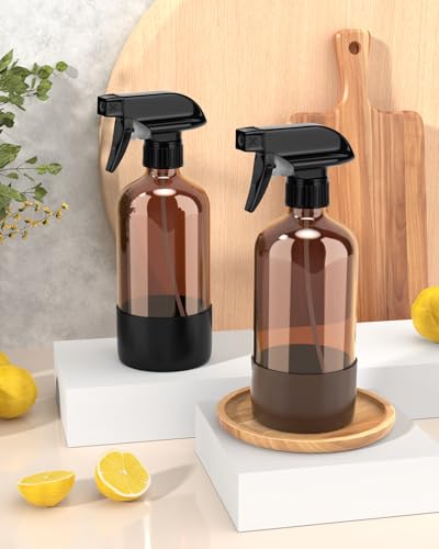 Bontip Amber Glass Spray Bottle Set 16 oz with Silicone Sleeve, Black & Brown