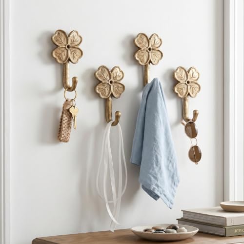 Four-Leaf Clover Wall Hooks - Antique Brass Cast Iron Coat Hooks (4 Pcs)