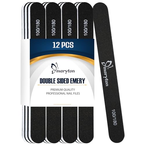 Maryton 100/180 Grit Nail Files - Professional 12 PCS Set for Acrylic & Natural Nails