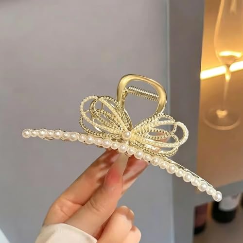 Large Non-Slip Pearl Alloy Hair Claw Clip - White & Yellow