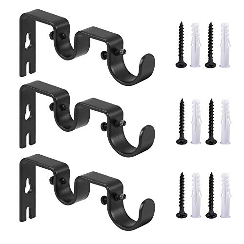 Heavy Duty Double Curtain Rod Brackets - Set of 3, Black