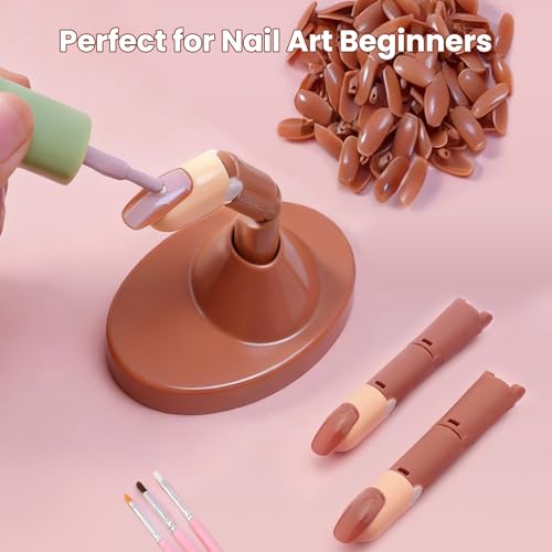 Difenni Brown Practice Finger Set for Acrylic Nails with Base Stand & 100 Nail Tips - Manicure Training Tool for Home & Salon