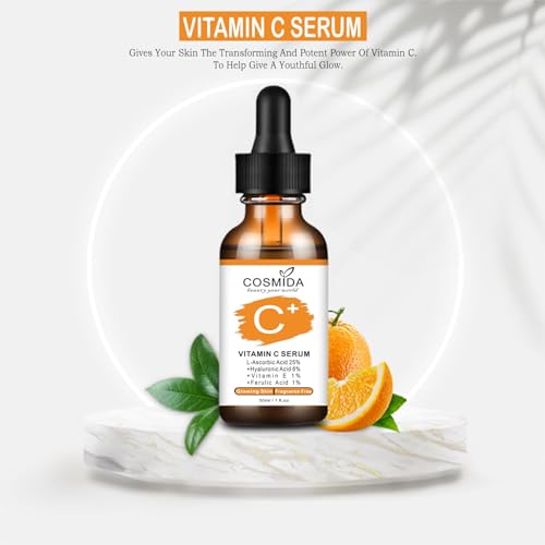 Cosmida Vitamin C Serum for Face with Hyaluronic Acid, Collagen, 1 Fl Oz - Brightening & Anti-Aging Skincare