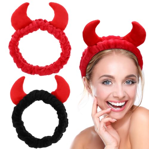 Beaupretty 2 Pack Devil Horns Facial Headbands for Face Wash & Makeup - Soft Elastic Hair Band