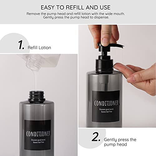 Segbeauty Gray Refillable Shampoo Bottles Set 16.9oz - 3 Pack, Leak-Proof PET Dispenser with Labels for Bathroom & Travel