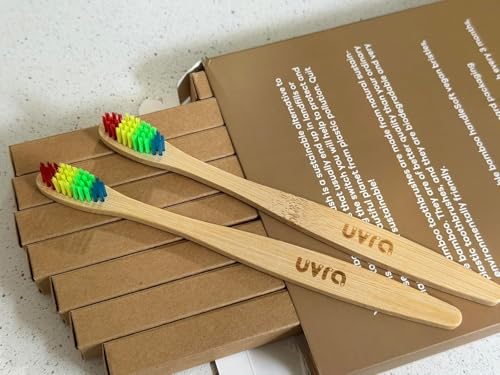 UVRA Rainbow Bamboo Toothbrush 10 Pack - Eco-Friendly Organic, Charcoal Infused Soft Bristles, Plastic-Free, Gentle for Sensitive Teeth