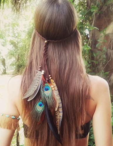 Boho Feather Headband with Colorful Peacock Tassels for Women