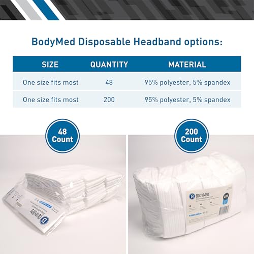 BodyMed Disposable Medical & Spa Headbands White Pack of 48 - Single-Use, Adjustable Closure