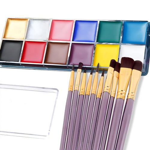 VOLLUCK Face Paint Kit with 12 Colors & 10 Brushes - Safe Body & Face Makeup for Halloween & Parties