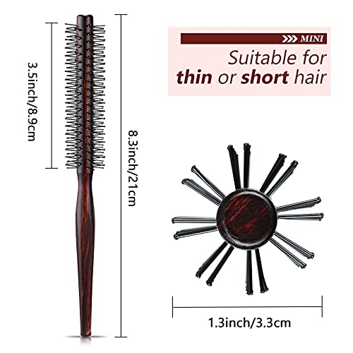 Mini Round Hairbrush Set for Short Hair, 3 Pack, 1 Inch Nylon Bristles, Wooden Handle for Pixie Cuts & Volume
