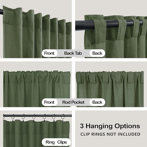 KOUFALL Olive Green Semi Sheer Linen Curtains - 45 Inch Length, Set of 2 Panels