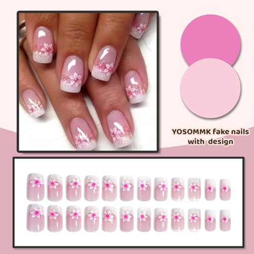Pink Short Square Press On Nails with Flower Designs - 24 Pack