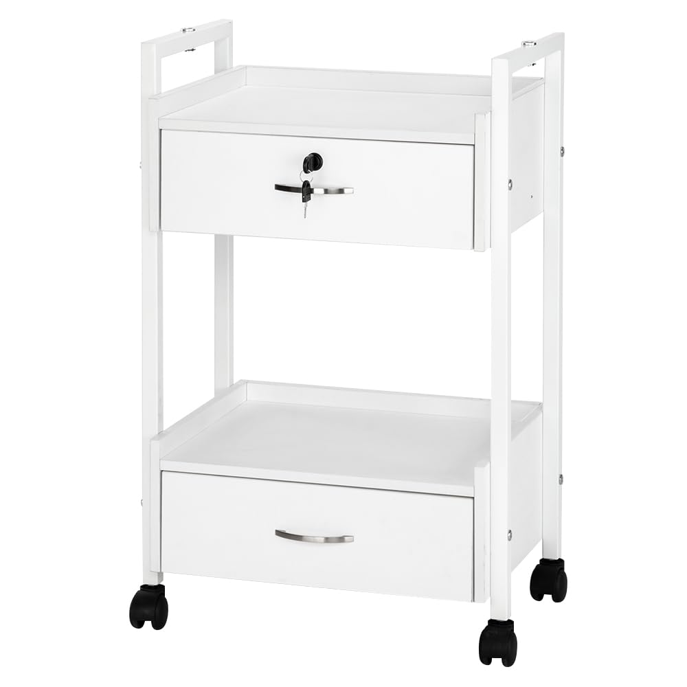Salon Trolley Cart - Wooden Rolling Storage Station with Wheels | Mobile Utility Cabinet for Beauty, SPA, Massage, Tattoo - White