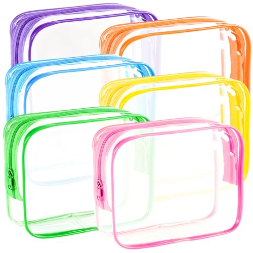 6 Multicolor Clear Makeup Bags - TSA Approved Travel Toiletry Pouches