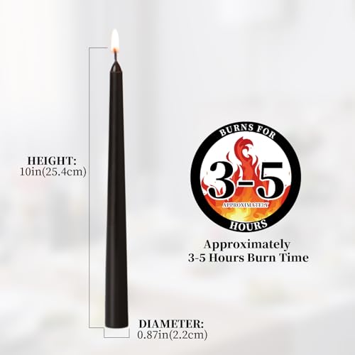 KONNI 10-Inch Black Taper Candles - Unscented, Smokeless, 10 Pack
