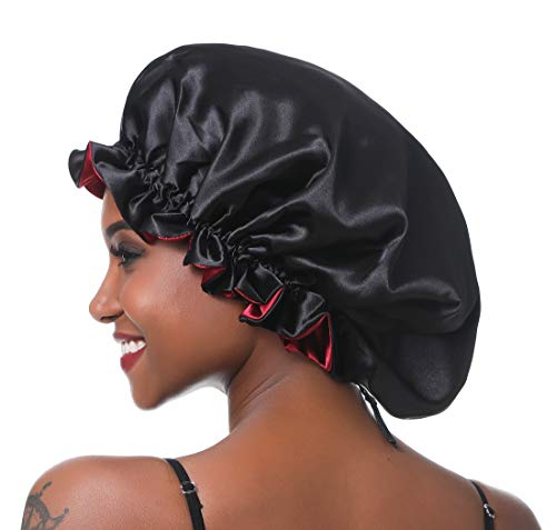 Large Satin Bonnet for Women - Adjustable Silky Sleep Cap (XL Black-Red)