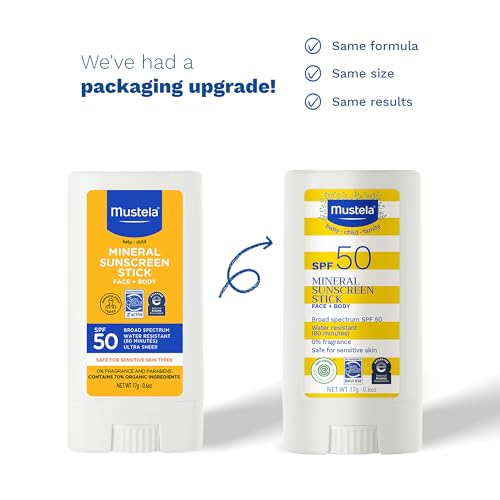 Mustela Baby Mineral Sunscreen Stick SPF 50 Broad Spectrum 0.6 oz - Fragrance-Free, Water-Resistant, Organic Ingredients