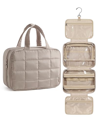 BAGSMART Puffy Hanging Toiletry Bag - Large Travel Makeup Organizer, Camel