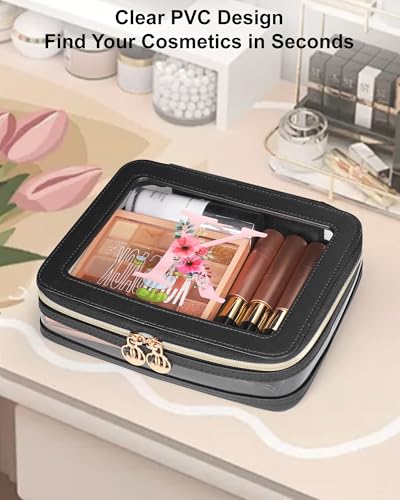 Relavel Medium Personalized Initial Clear Makeup Bag Waterproof Travel Toiletry Organizer - Black