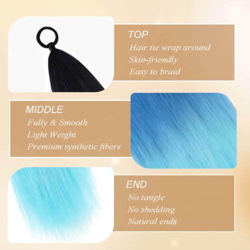 Charsun 26 Inch Black/Blue Light Blue Synthetic Ponytail Hair Extensions with Elastic Tie 2 Pack