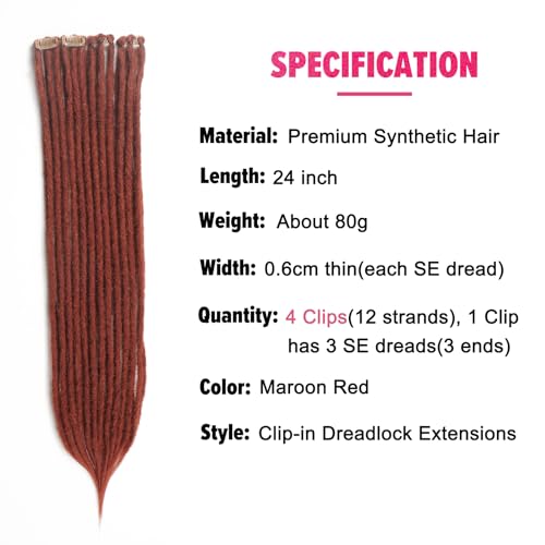 Kyriena Clip-In Dreadlock Extensions, 24" Maroon Red (4PCS)
