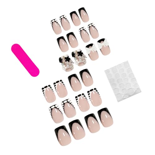 FBABFBUO Style3 Short Square Press On Nails with 3D Bow & Star Charm – 24Pcs