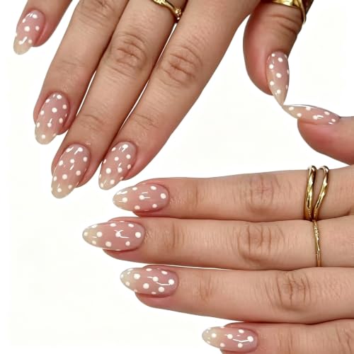 Tiwnefua 144Pcs 6 Styles Polka Dot Press On Nails Medium Almond French Tip