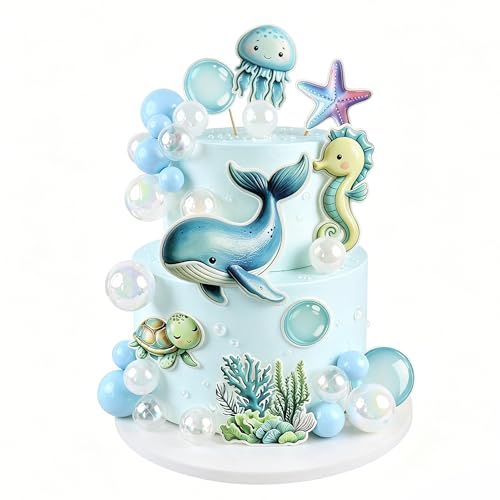 Under the Sea Birthday Cake Toppers Set - 33Pcs Ocean Animals & Bubble Balls
