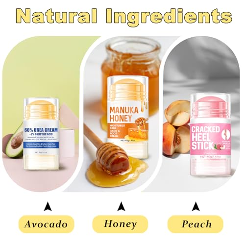 Charunee Cracked Heel Stick 3Pcs Foot Balm Roll-On for Dry Feet Men Women Peach Honey Avocado