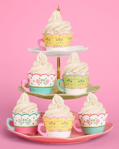 24pc Tea Cupcake Wrappers Set - Floral Gold Foil Kids Party Decor