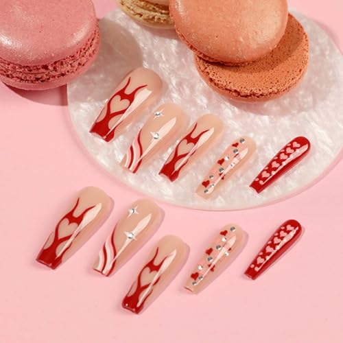 Hkanlre Long Fake Nails Tips 24P Full Cover Heart Design for Women