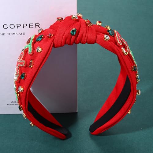 NVENF Plaid Christmas Headband with Pearls and Rhinestones, Red