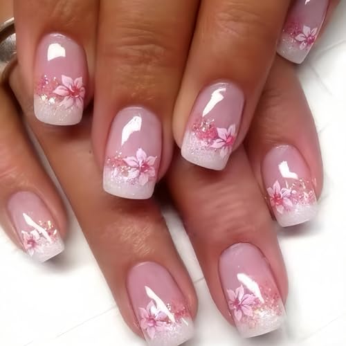 Pink Short Square Press On Nails with Flower Designs - 24 Pack