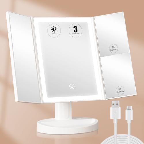 S'bagno White 11.3" x 6.8" LED Makeup Mirror with Lights, 1X/2X/5X Magnification, Dimmable 3-Color Modes, 270° Rotation