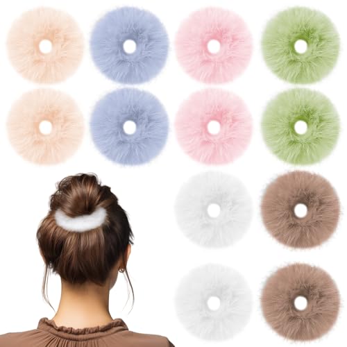 12 Pack Fluffy Hair Scrunchies for Women - Soft Pom Pom Ties