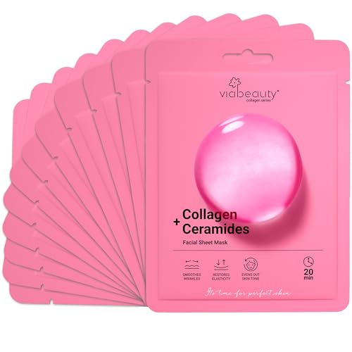 VIABEAUTY 12 Pack Collagen Face Mask with Ceramides - Rejuvenating Sheet Mask for All Skin Types