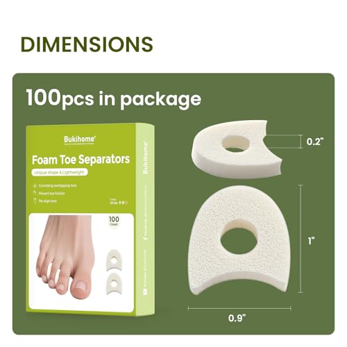 Bukihome 100 Pack Foam Toe Spacers for Pain Relief and Comfort - Reusable Toe Separators for Women and Men