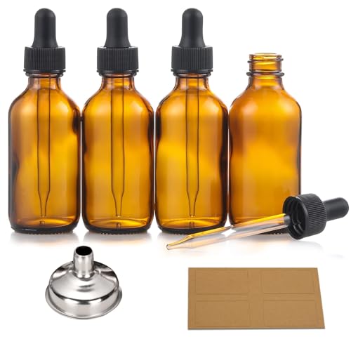 AOZITA Amber Essential Oil Bottles 2oz (60ml) Refillable Glass Containers with Dropper & Funnel – Pack of 4