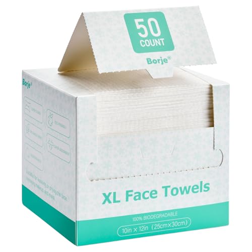 Borje XXL Disposable Face Towels Pack of 50 - Ultra Soft Biodegradable Makeup Remover Wipes for Sensitive Skin