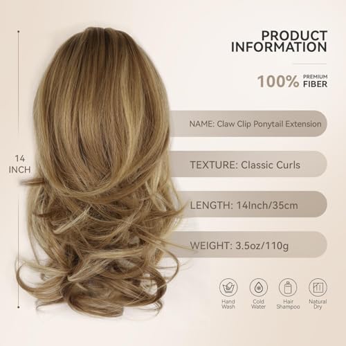 14 Inch Ponytail Extension - Wavy Pony Tails Hair Extensions, Claw Clip Ponytail Extension, Synthetic Hair Extensions Ponytail, Clip on Ponytails for Women (Light Brown With Beige Highlights)