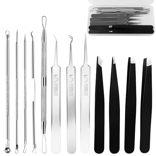 Blackhead Remover Tool Kit - 12 Piece Pimple Popper & Tweezers Set
