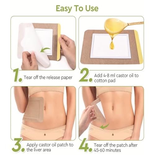 STFOCE 20pcs Castor Oil Pack Wrap, Portable Self-Adhesive, Disposable Castor Oil Pack Organic Cotton for Stomach, Liver, Belly & Entire Body, No Leaks, No Irritation, Stick Overnight (Kahaki)