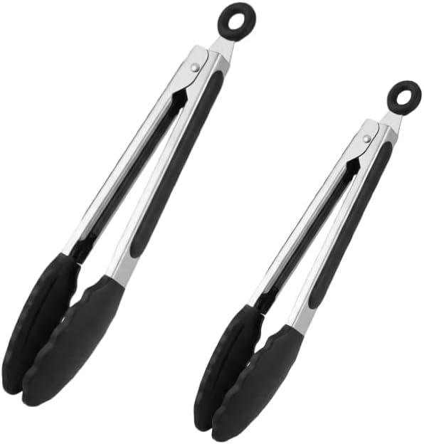 Stainless Steel Kitchen Tongs Set - Heat Resistant BBQ Tongs with Non-Scratch Silicone Tips | 7 & 9 Inch, Black