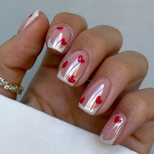 Valentine's Short Square Chrome Fake Nails with Heart Designs - 24Pcs Style 3