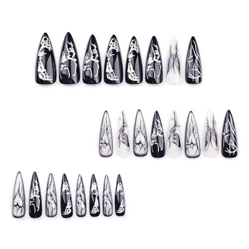 MISUD Long Stiletto Press-On Nails Black Butterfly Gothic Design 24 pcs - Variation 06103-01-01Black