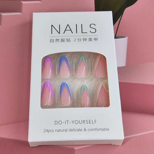 Almond Press-On Nails Medium Length Nude Pink with Colorful French Tips 24 Pcs